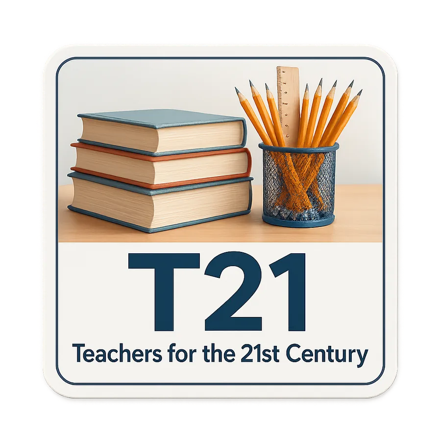 A stack of books beside a cup of pencils, labelled T21 Teachers for the 21st Century