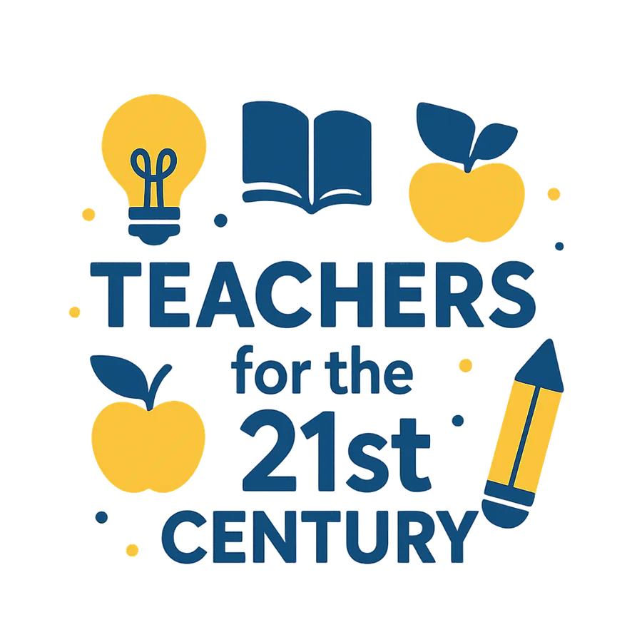 Teachers for the 21st Century emblem with a lightbulb, open book, apples, and pencil